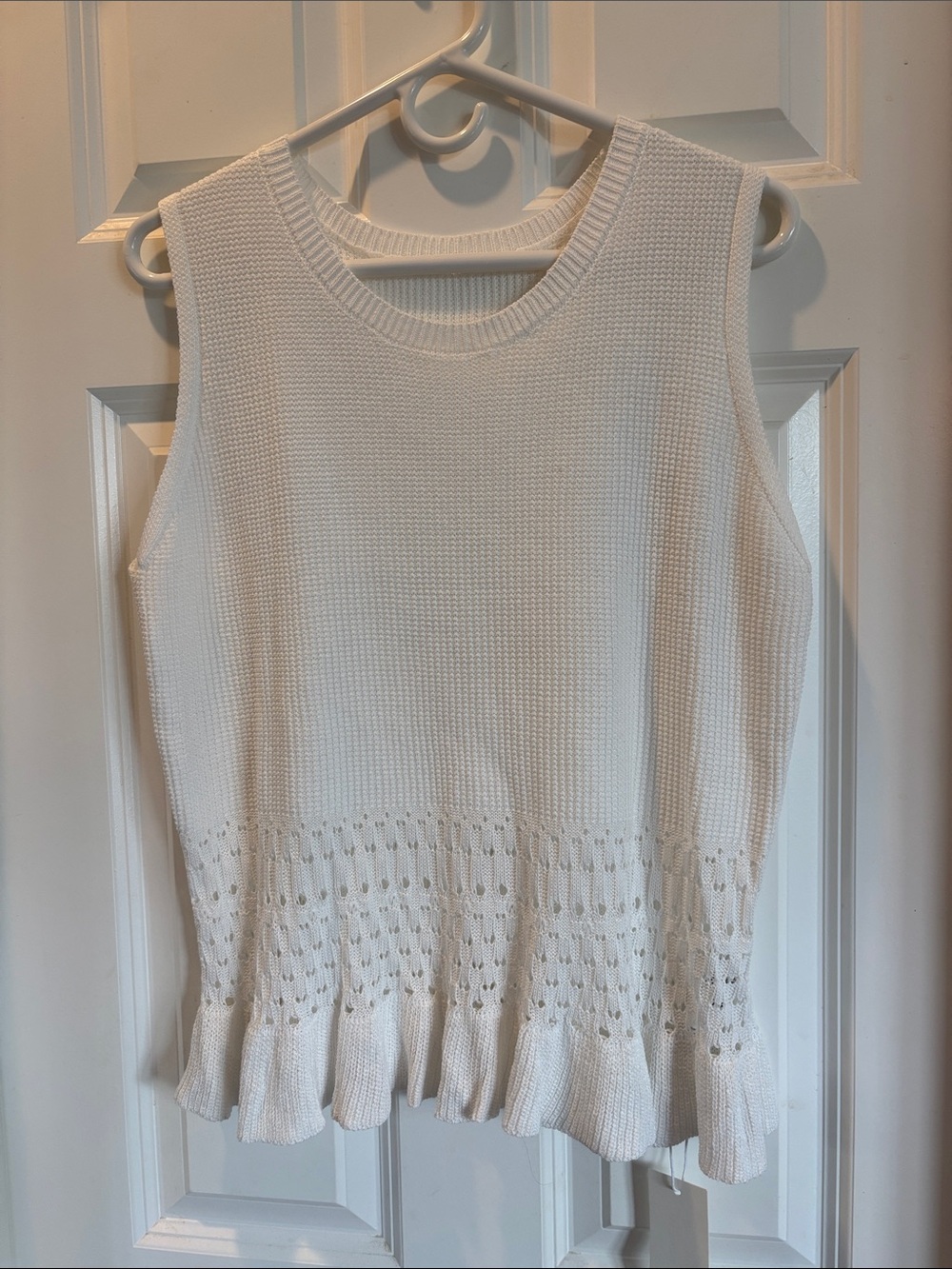 Women's White Sleeveless Knit Tank with Eyelet Detail and Ruffle Hem